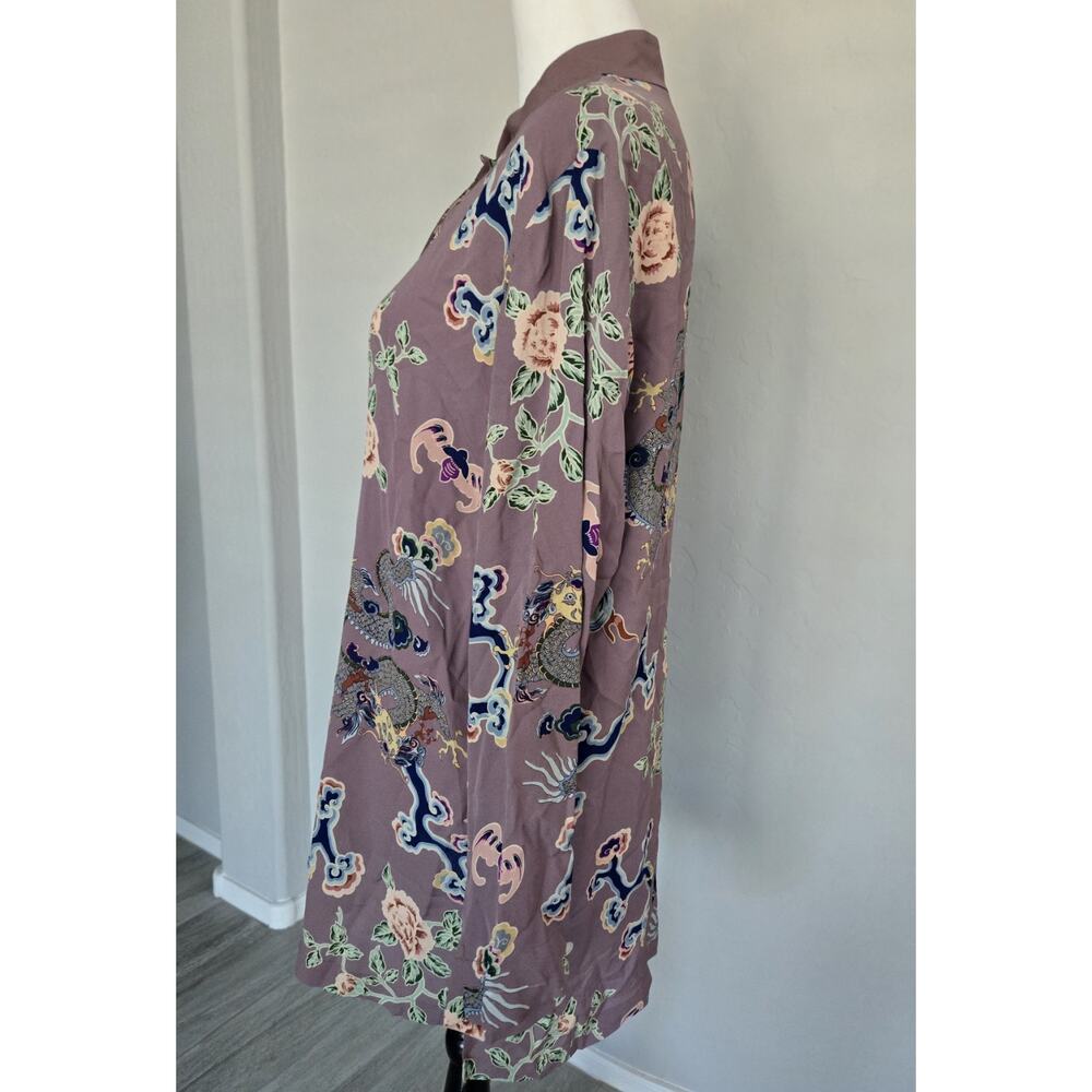 Harari Silk Asian Dragon Print Art Flowy Banded Collar Button Tunic Top Sz S - Picture 5 of 16